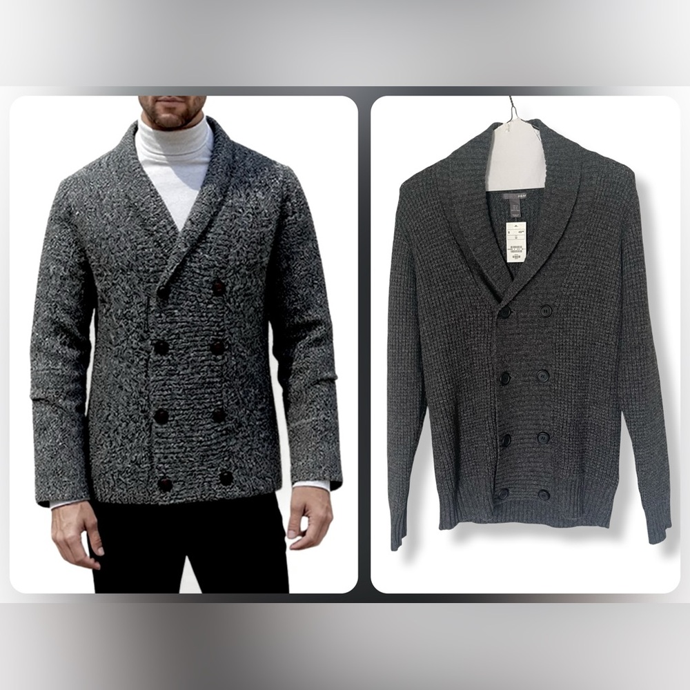 NWT Vintage Men's Double-Breasted Shawl Collar Charcoal Gray Knit Cardigan M